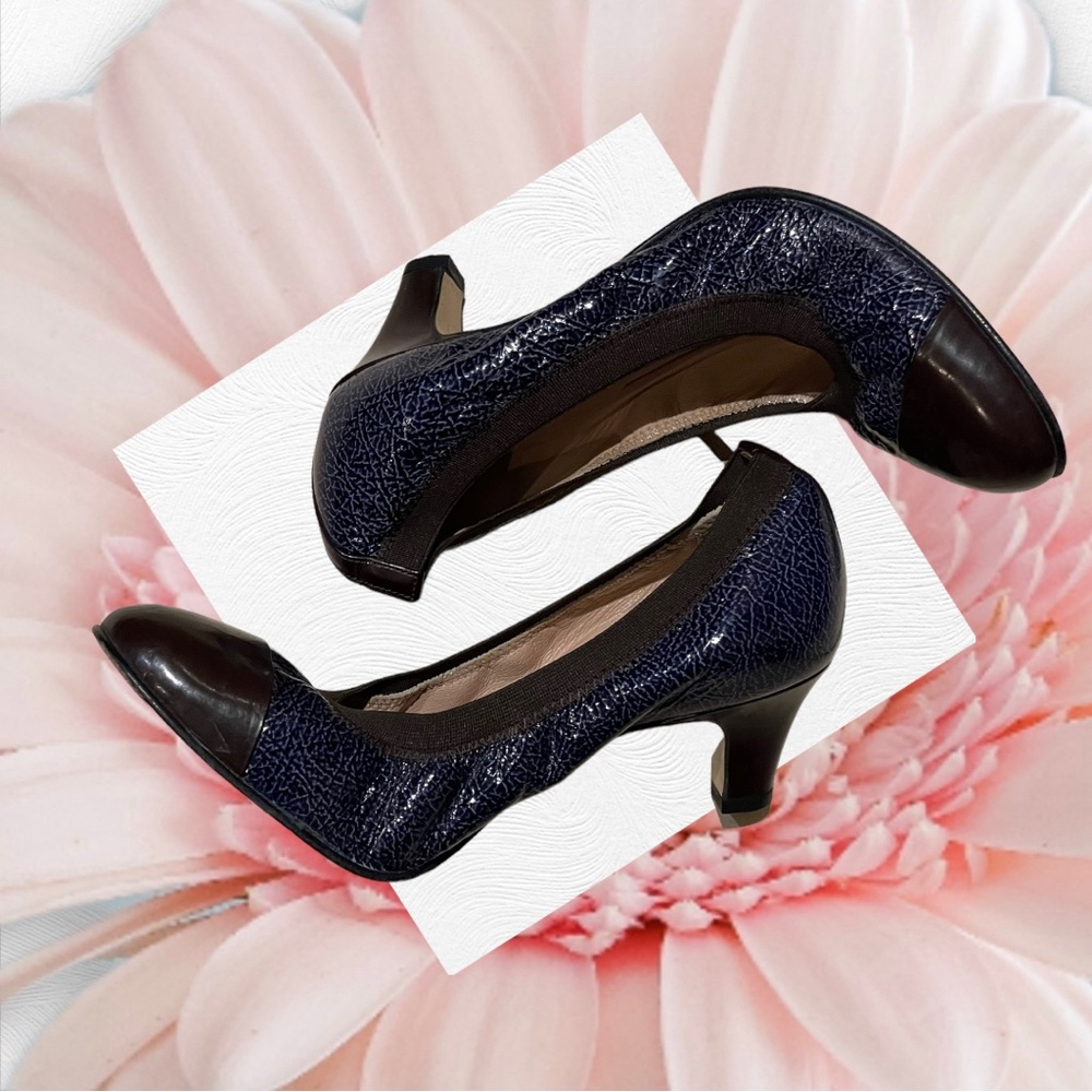 ANYI LU Handmade in ITALY Blue & Brown Patent Leather Pumps Size 6.5 (Sz 38 US)